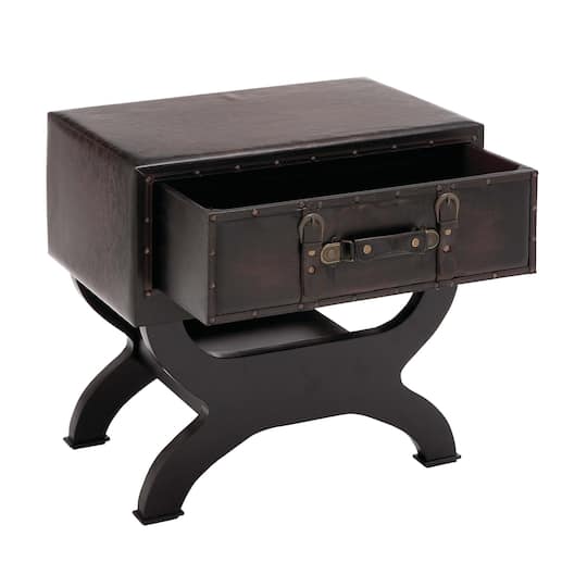 Brown Wood and Faux Leather Traditional Accent Table, 22" x 22" x 16"